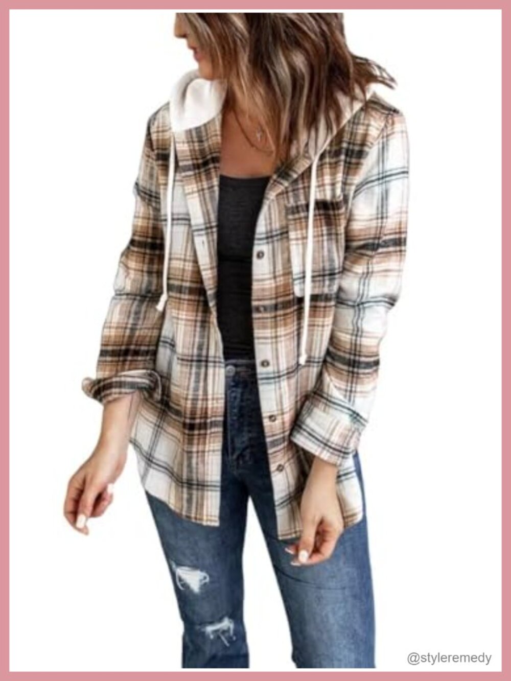 Womens Plaid Flannel Hoodie Shacket Button Down Shirt Loose Fit Pocket